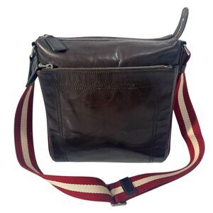 Bally Crossbody Bag Unisex Dark Brown Calf Leather Stripe Red White Strap Should